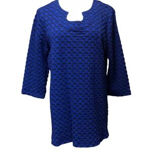 Kim Rogers Woman Blue Black Geometric Textured Knit 3/4 Sleeve Tunic Top 1X